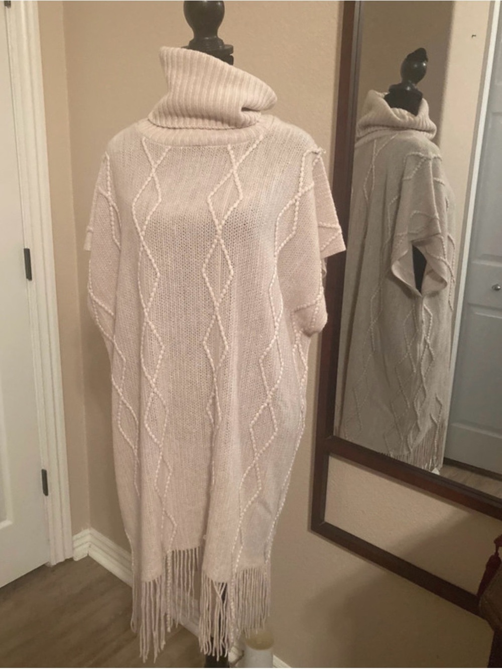 Time and Tru Cream Cable Knit Turtleneck Poncho with Fringe